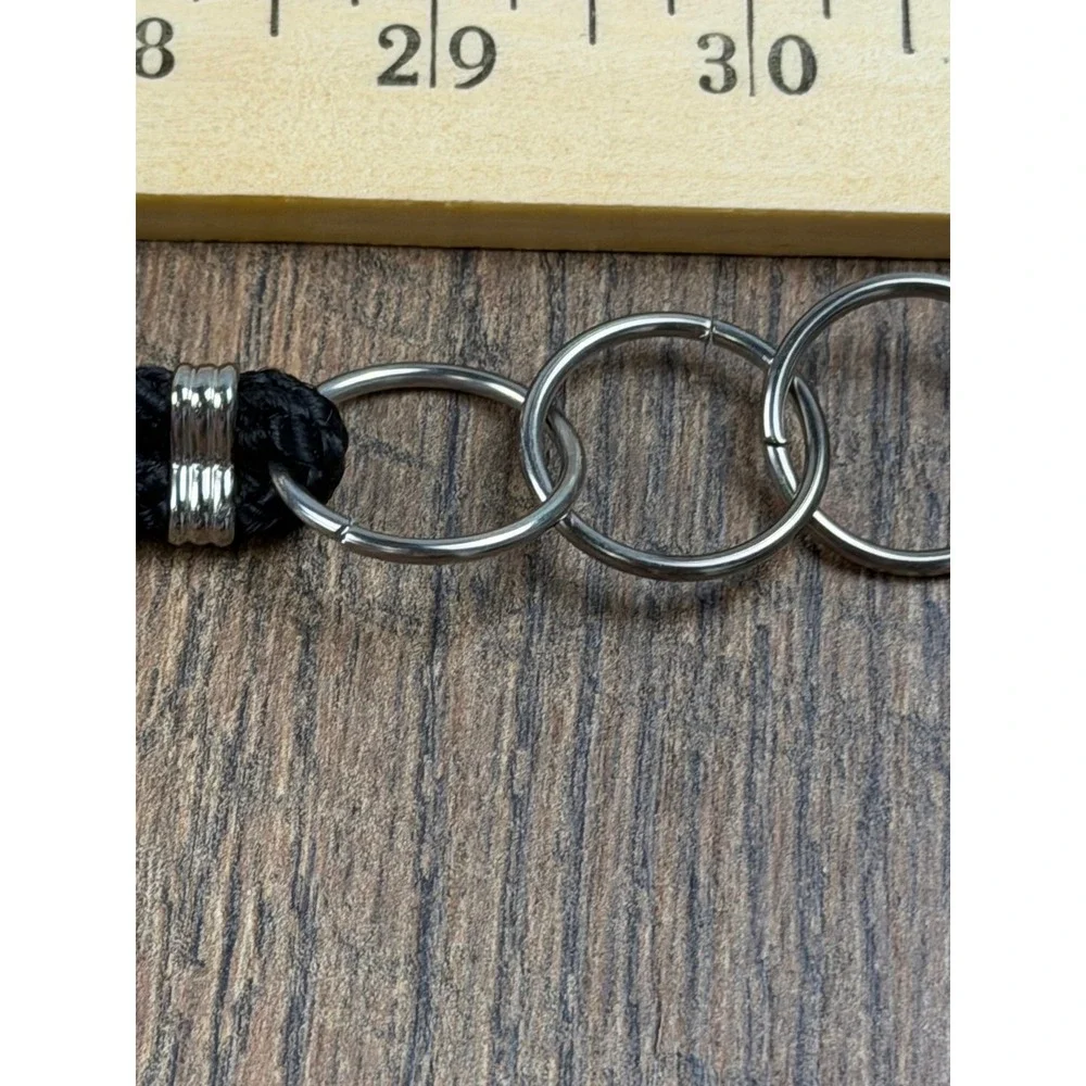 Vintage 80s‎ Black Cord Belt Silver Coil Spring Chain Disc Flower Made Korea